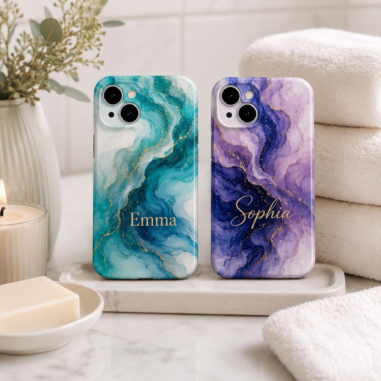Custom Blue Marble Phone Case, Personalized Ink Art iPhone Case, Navy Gold Abstract Name Case Gift