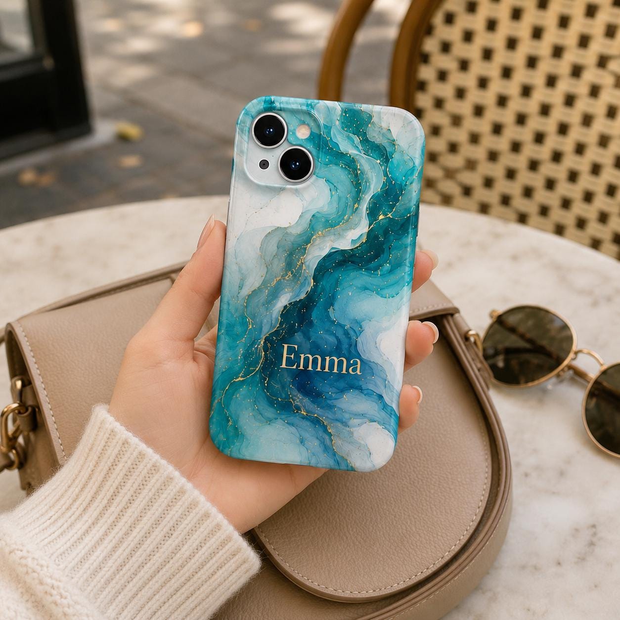Custom Blue Marble Phone Case, Personalized Ink Art iPhone Case, Navy Gold Abstract Name Case Gift