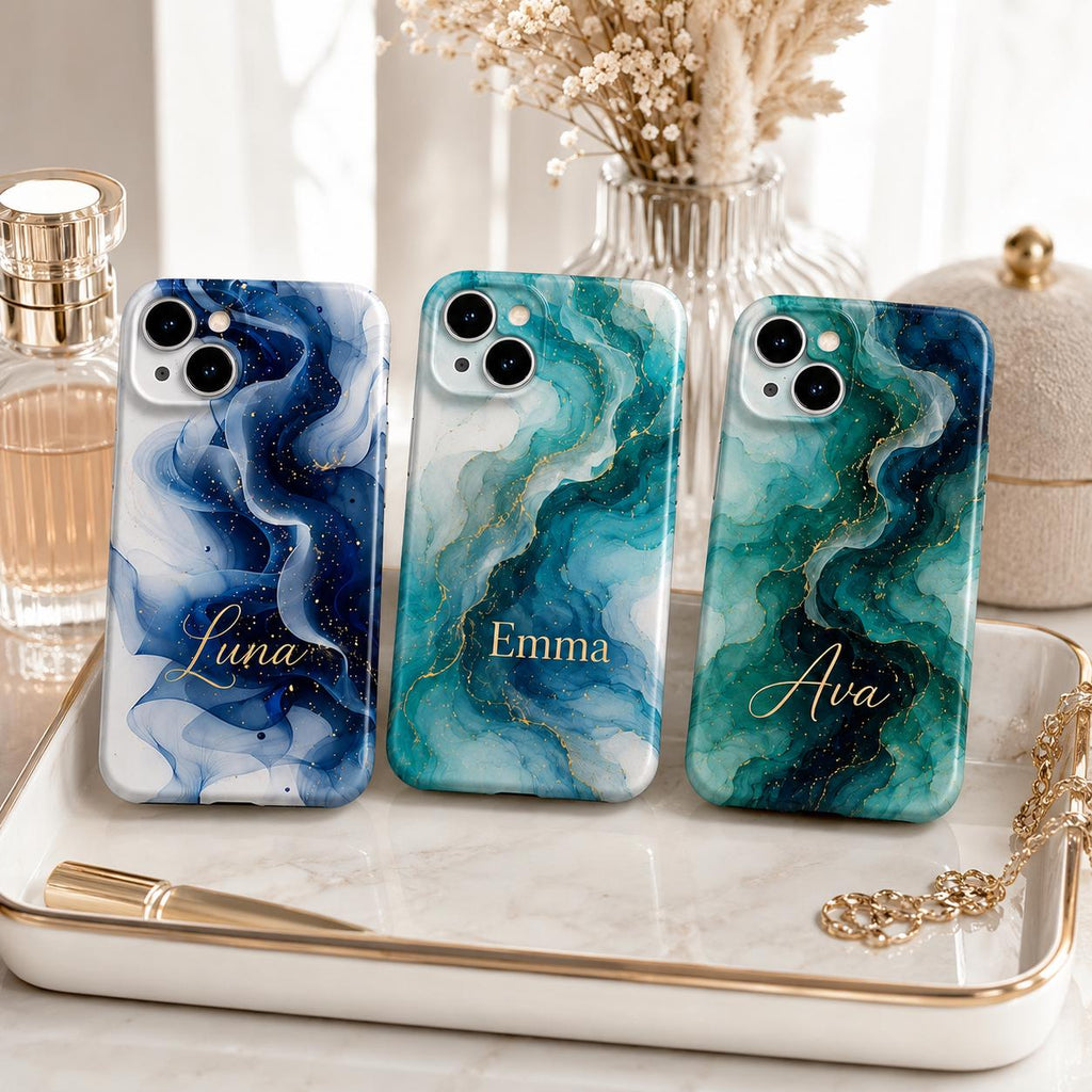 Custom Blue Marble Phone Case, Personalized Ink Art iPhone Case, Navy Gold Abstract Name Case Gift
