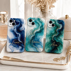 Custom Blue Marble Phone Case, Personalized Ink Art iPhone Case, Navy Gold Abstract Name Case Gift