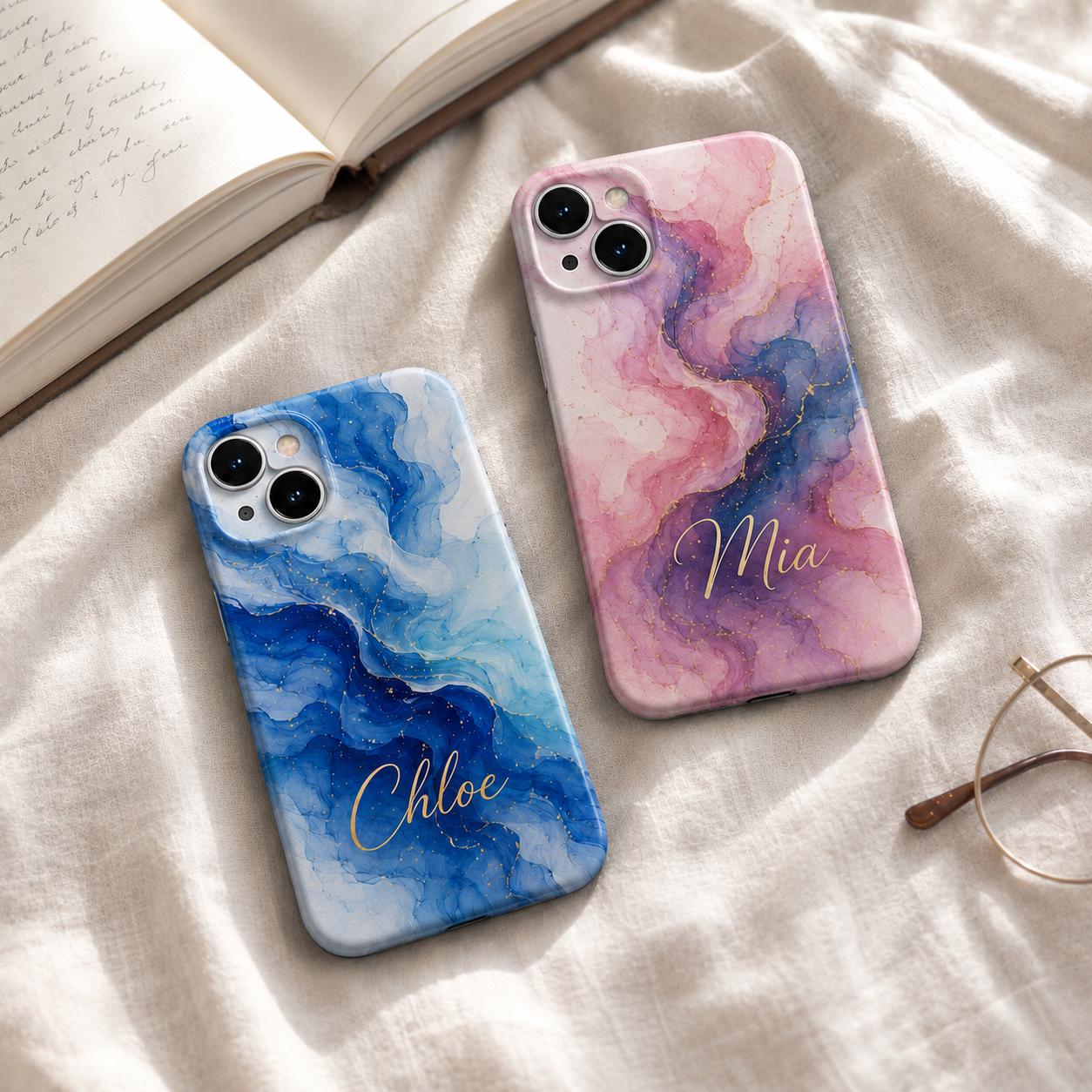 Custom Blue Marble Phone Case, Personalized Ink Art iPhone Case, Navy Gold Abstract Name Case Gift