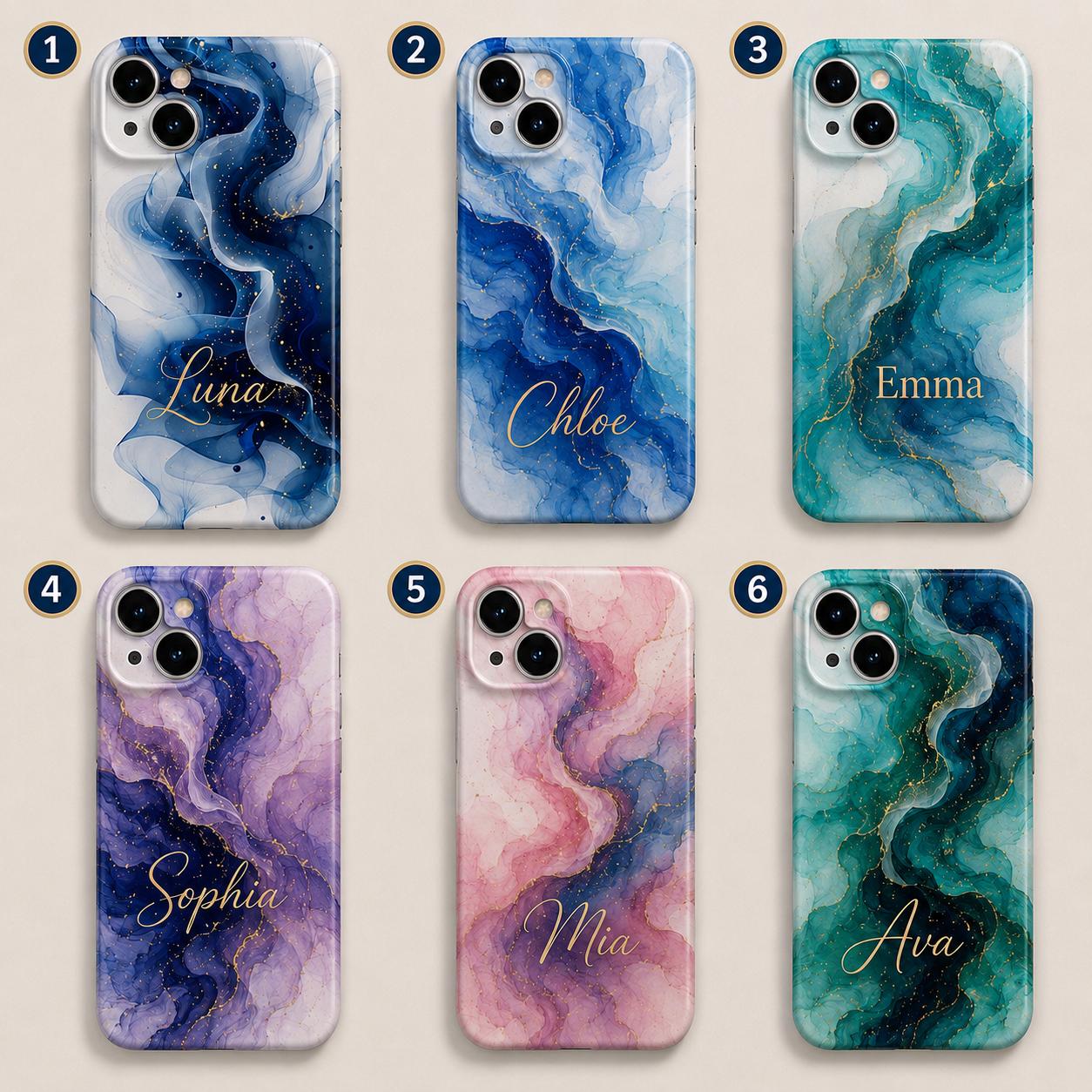 Custom Blue Marble Phone Case, Personalized Ink Art iPhone Case, Navy Gold Abstract Name Case Gift