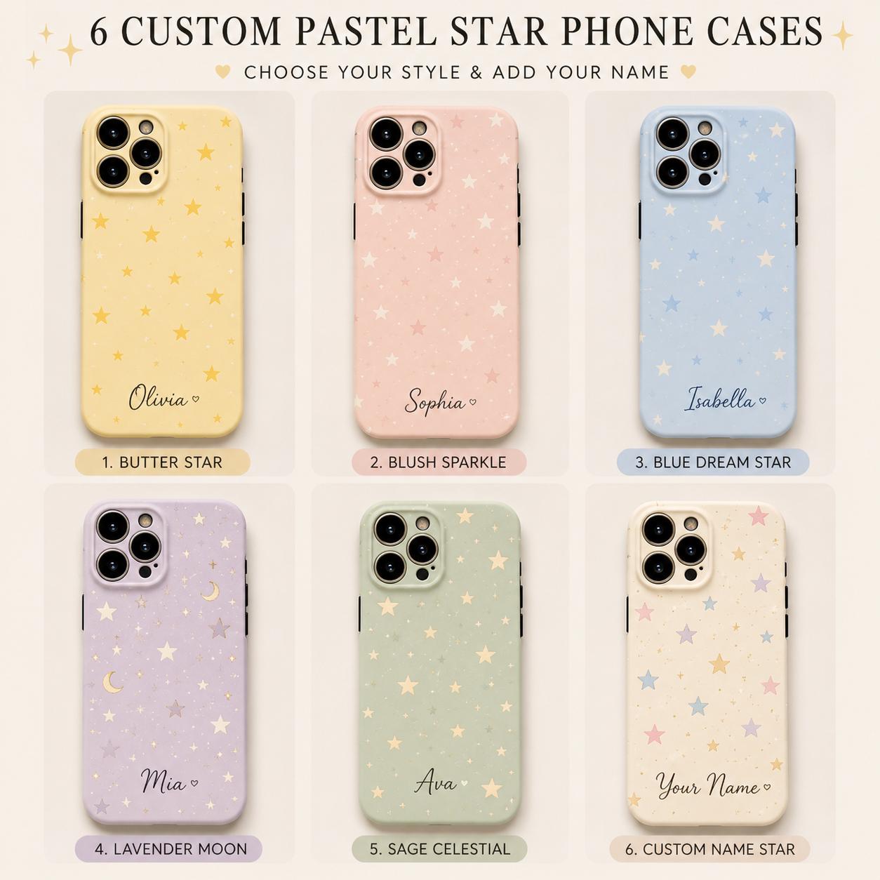 Custom Pastel Star Phone Case, Personalized Celestial iPhone Case, Cute Moon Stars Name Case Gift for Her