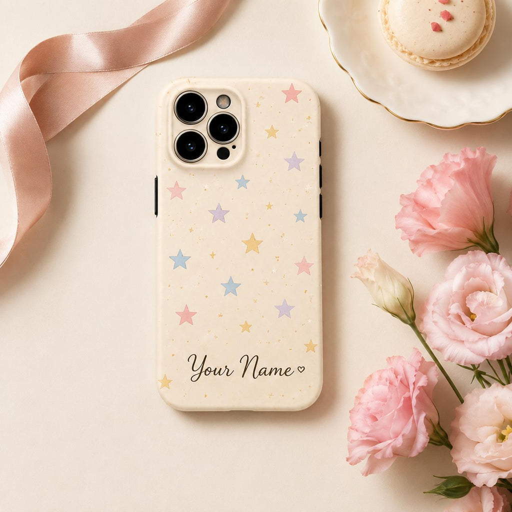 Custom Pastel Star Phone Case, Personalized Celestial iPhone Case, Cute Moon Stars Name Case Gift for Her