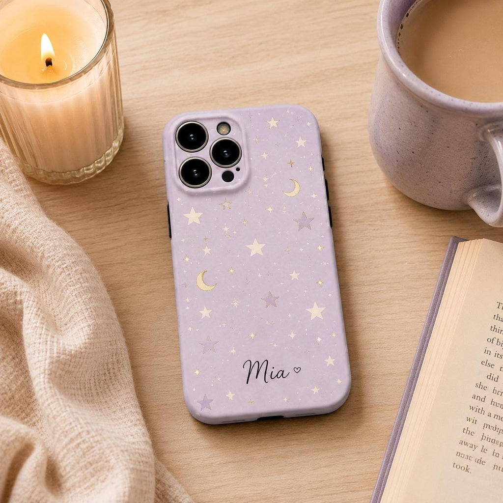 Custom Pastel Star Phone Case, Personalized Celestial iPhone Case, Cute Moon Stars Name Case Gift for Her