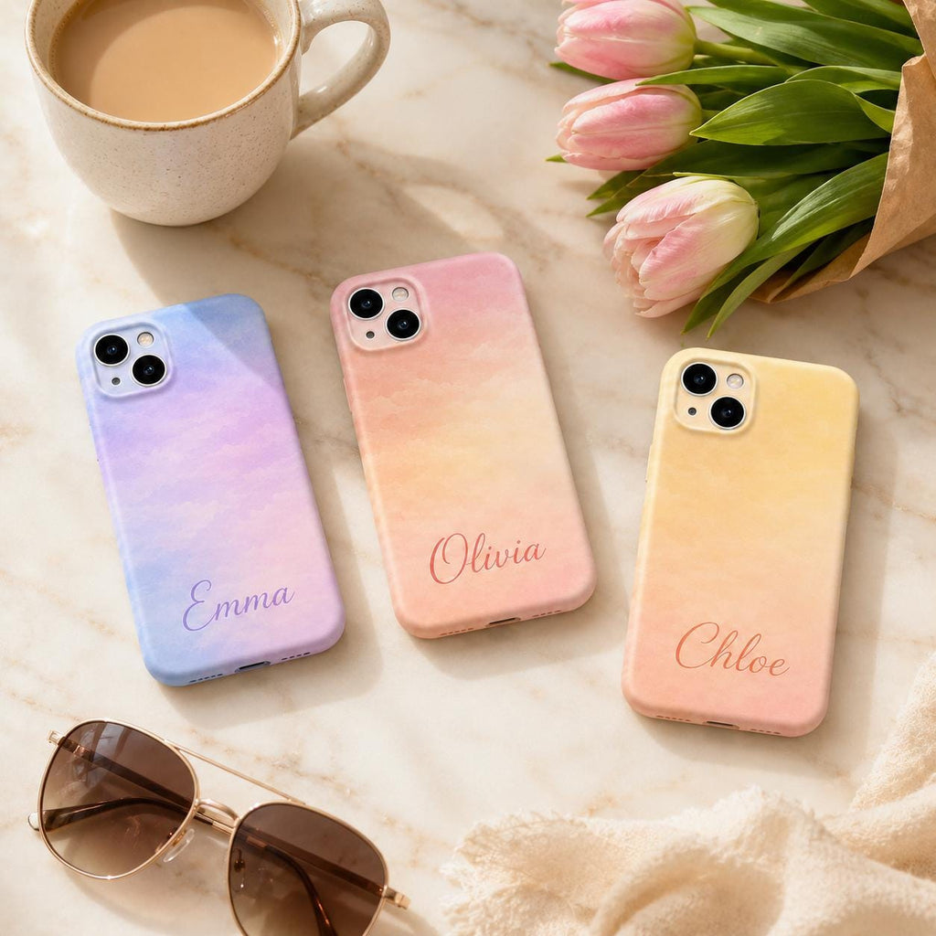 Custom Pastel Phone Case, Personalized Watercolor Sky iPhone Case, Minimal Name Case Gift For Her
