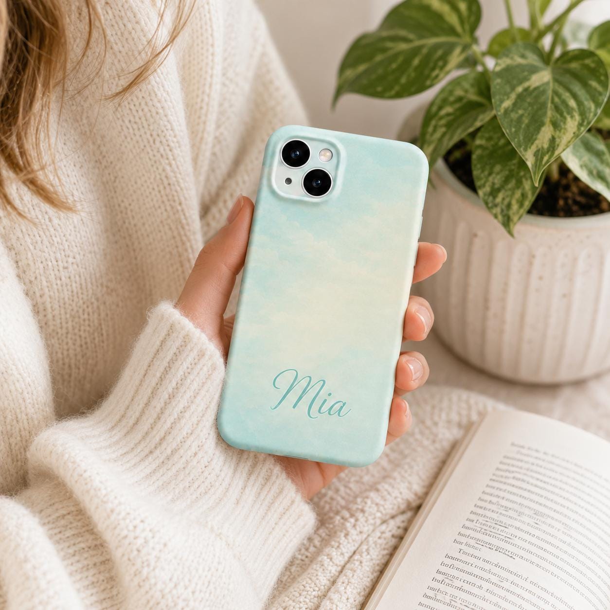 Custom Pastel Phone Case, Personalized Watercolor Sky iPhone Case, Minimal Name Case Gift For Her