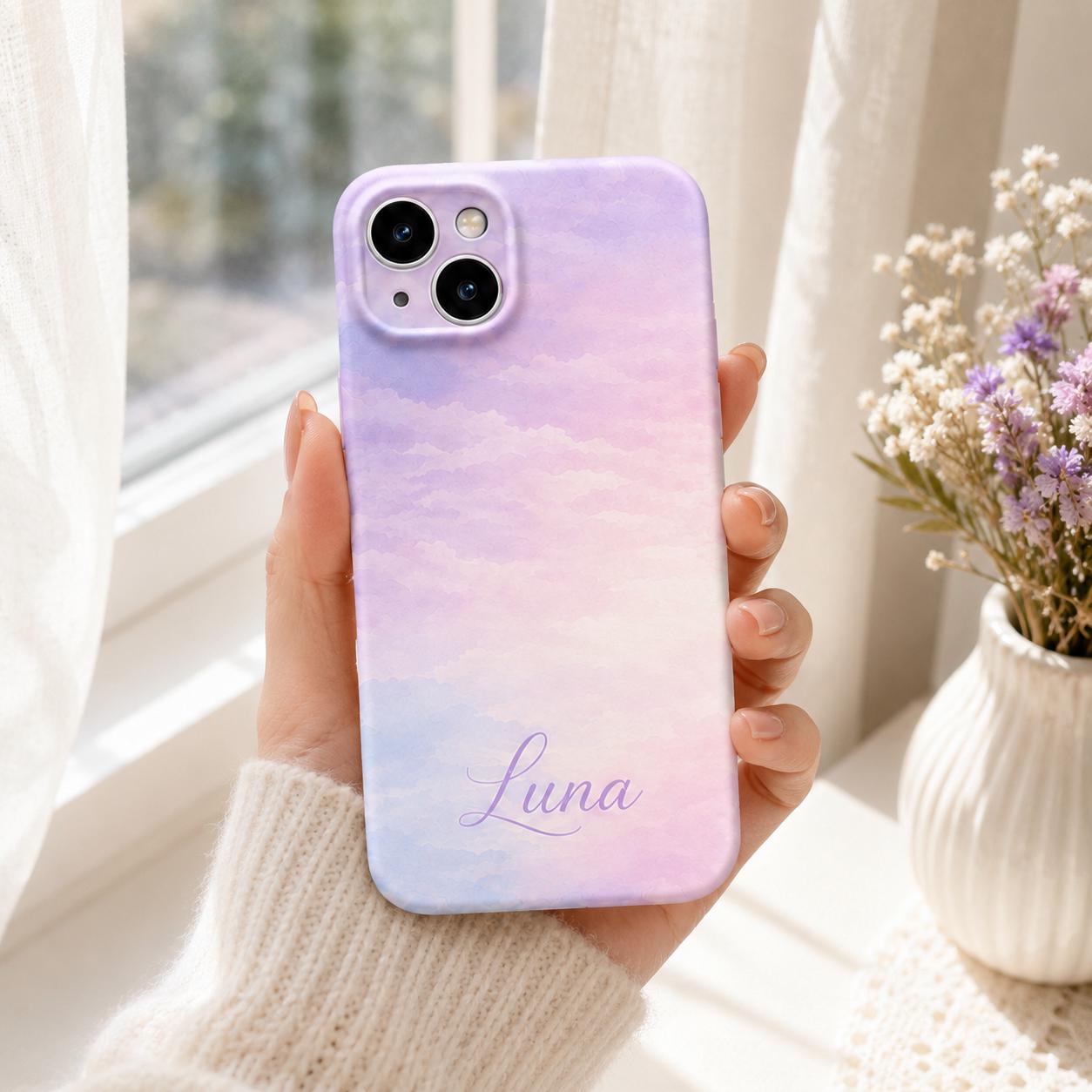 Custom Pastel Phone Case, Personalized Watercolor Sky iPhone Case, Minimal Name Case Gift For Her