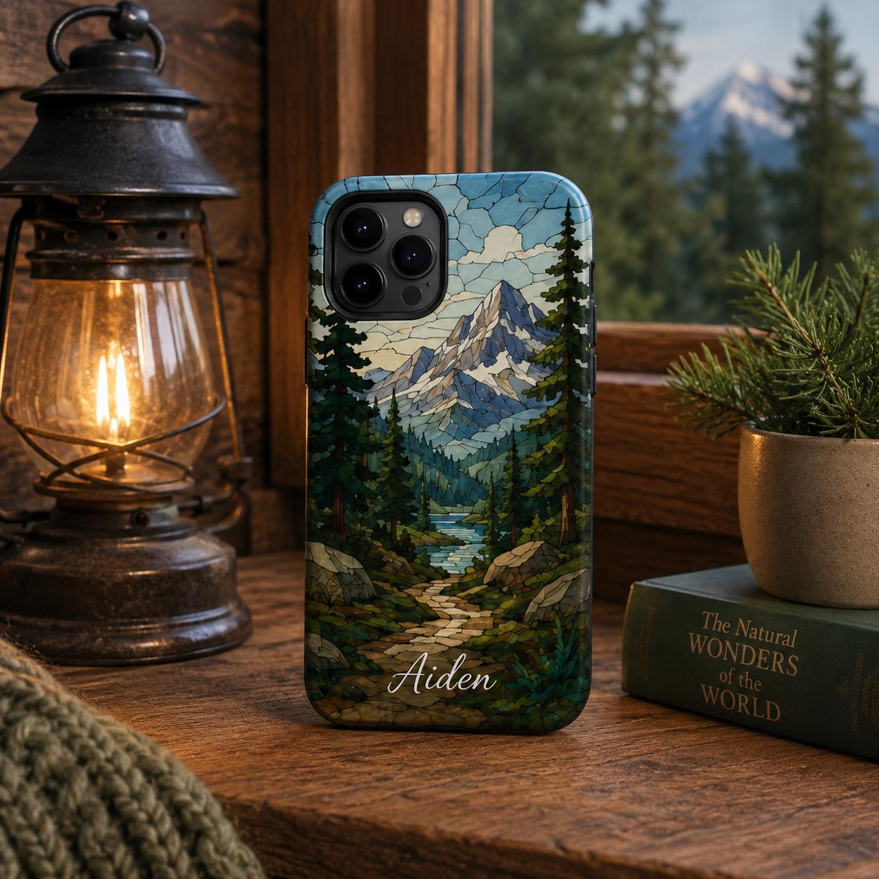 Custom Nature Phone Case, Personalized Mosaic iPhone Case, Forest Mountain Ocean Name Case Gift For Her