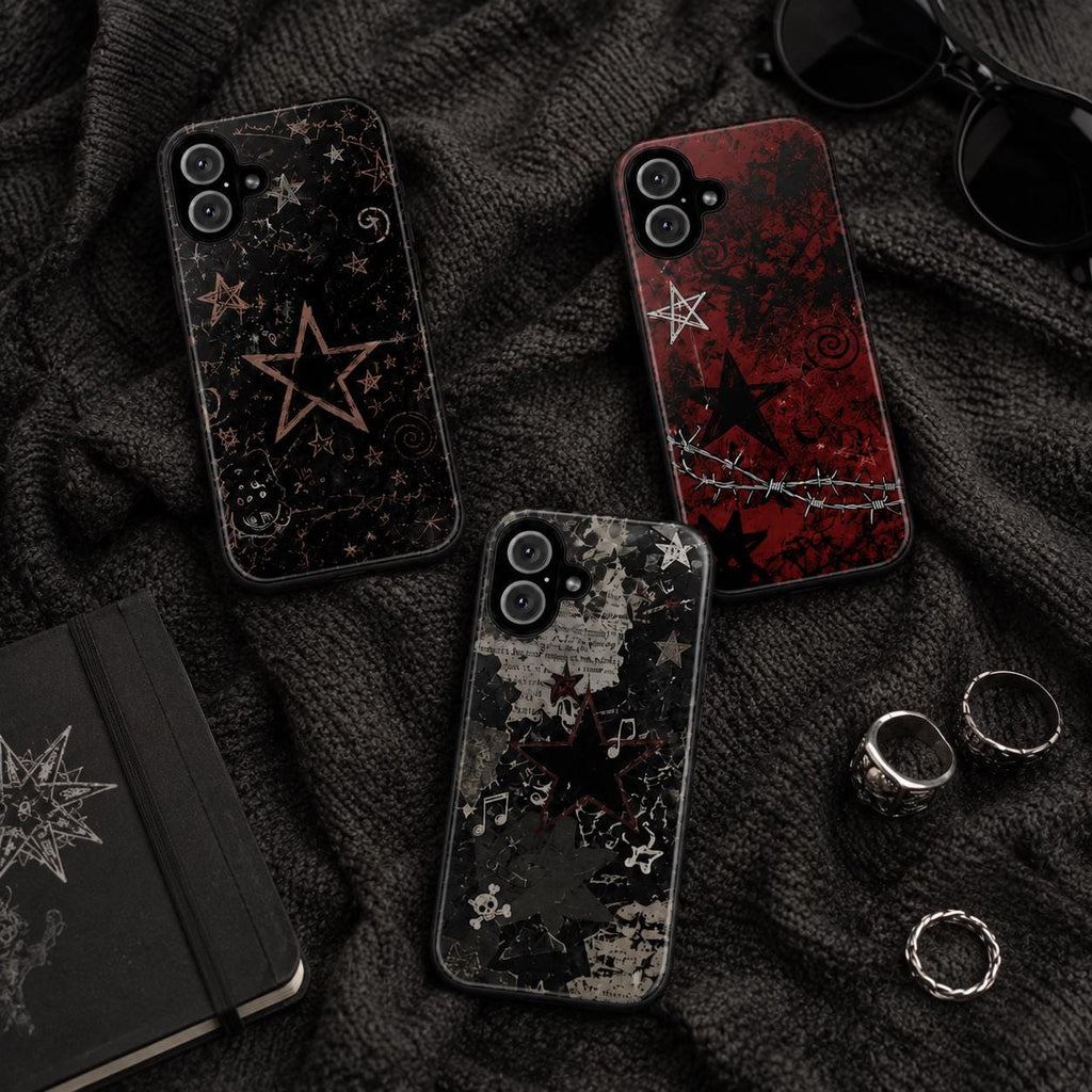Custom Gothic Star Phone Case, Grunge Punk iPhone Case, Witchy Skull Black Case Gift