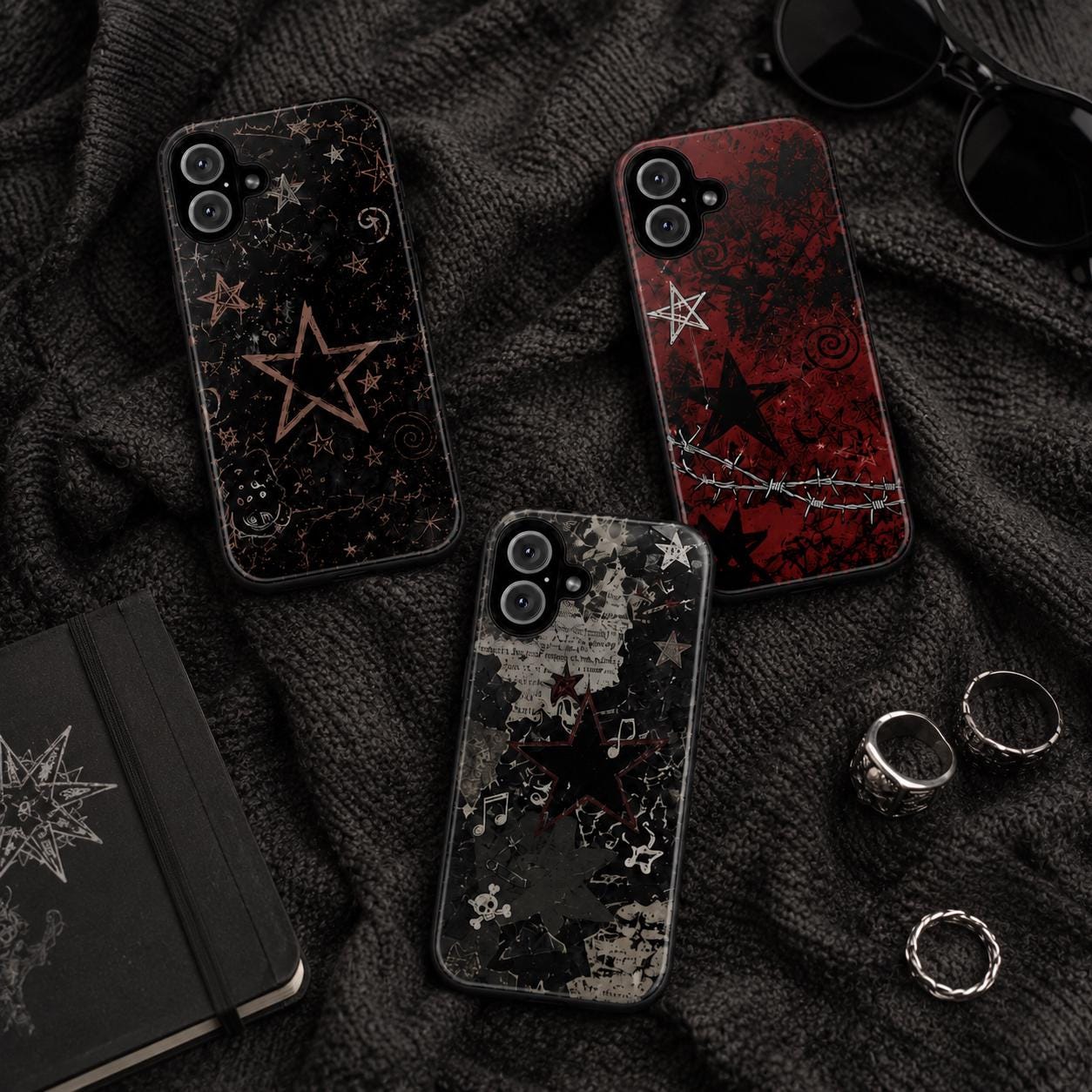 Custom Gothic Star Phone Case, Grunge Punk iPhone Case, Witchy Skull Black Case Gift