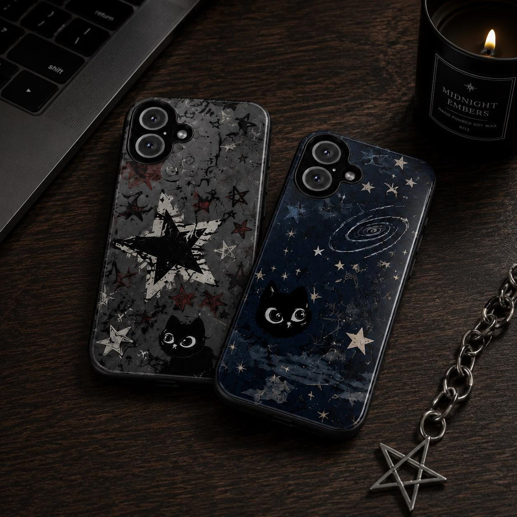 Custom Gothic Star Phone Case, Grunge Punk iPhone Case, Witchy Skull Black Case Gift