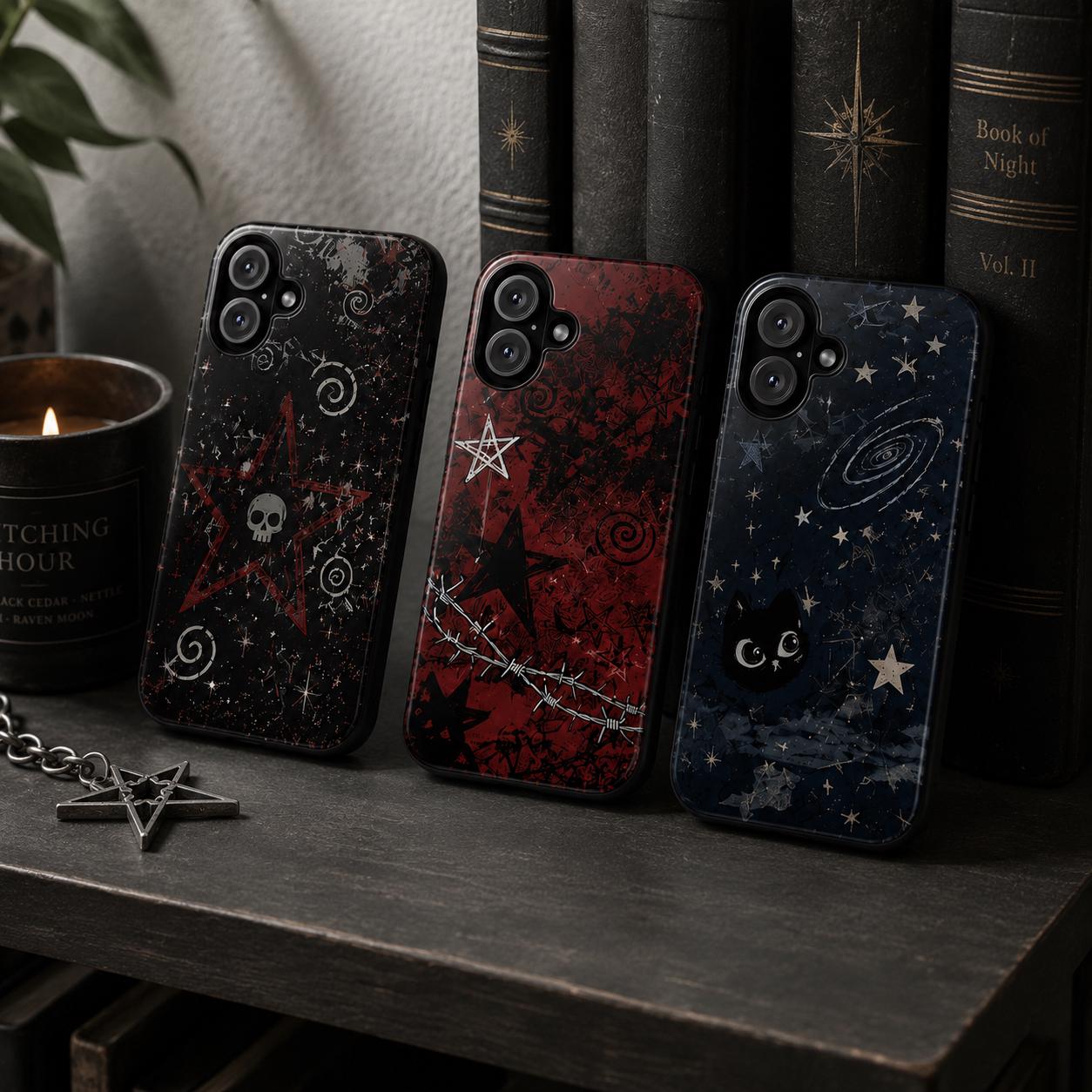 Custom Gothic Star Phone Case, Grunge Punk iPhone Case, Witchy Skull Black Case Gift