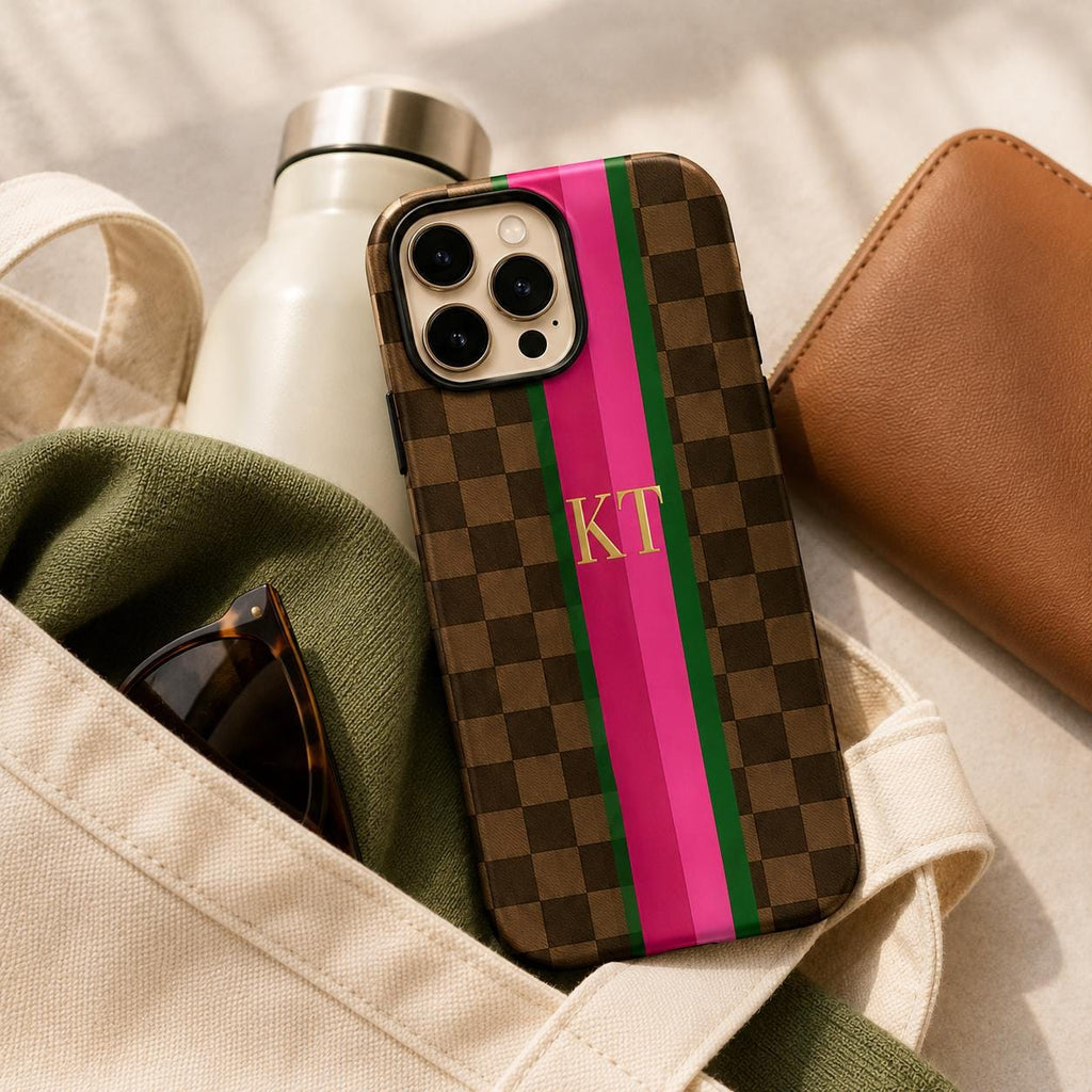 Custom Checkered Phone Case, Personalized Monogram iPhone Case, Preppy Stripe Initial Case Gift