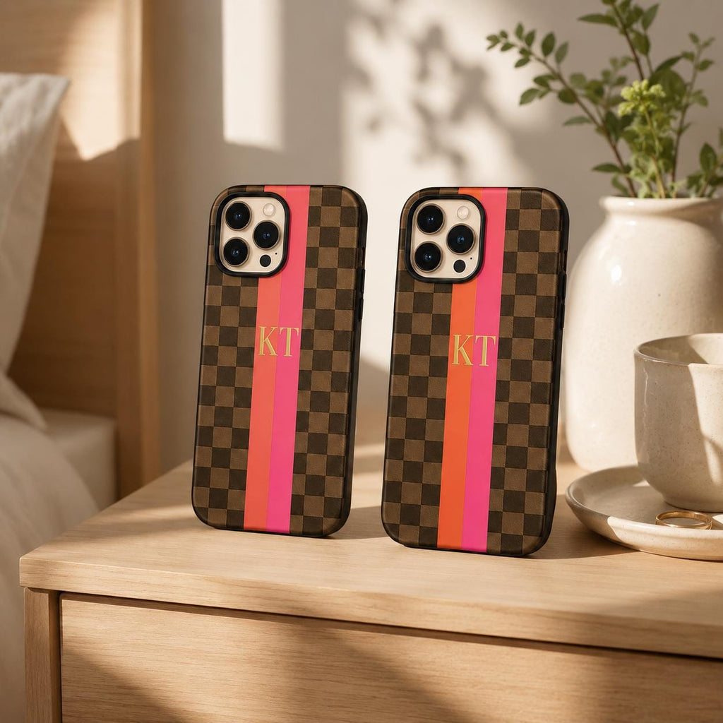 Custom Checkered Phone Case, Personalized Monogram iPhone Case, Preppy Stripe Initial Case Gift