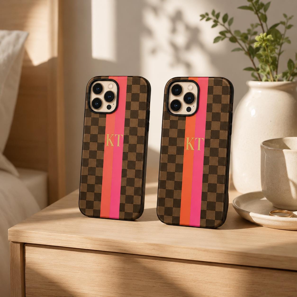 Custom Checkered Phone Case, Personalized Monogram iPhone Case, Preppy Stripe Initial Case Gift
