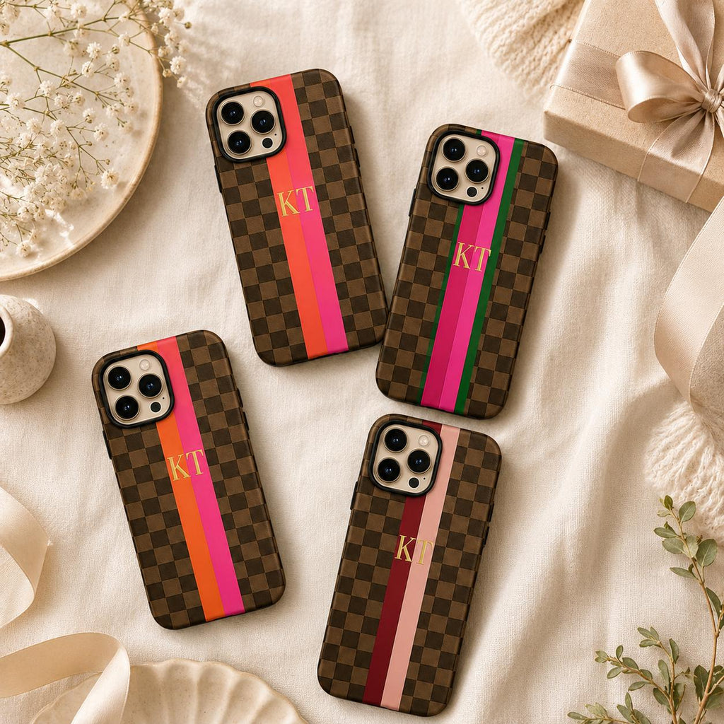 Custom Checkered Phone Case, Personalized Monogram iPhone Case, Preppy Stripe Initial Case Gift
