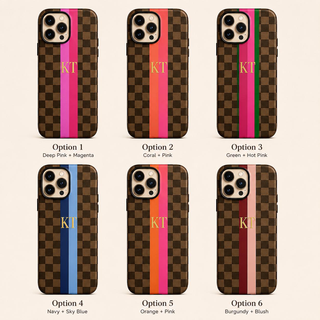 Custom Checkered Phone Case, Personalized Monogram iPhone Case, Preppy Stripe Initial Case Gift