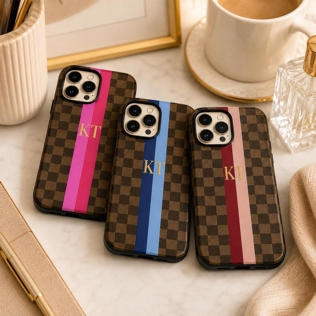 Custom Checkered Phone Case, Personalized Monogram iPhone Case, Preppy Stripe Initial Case Gift