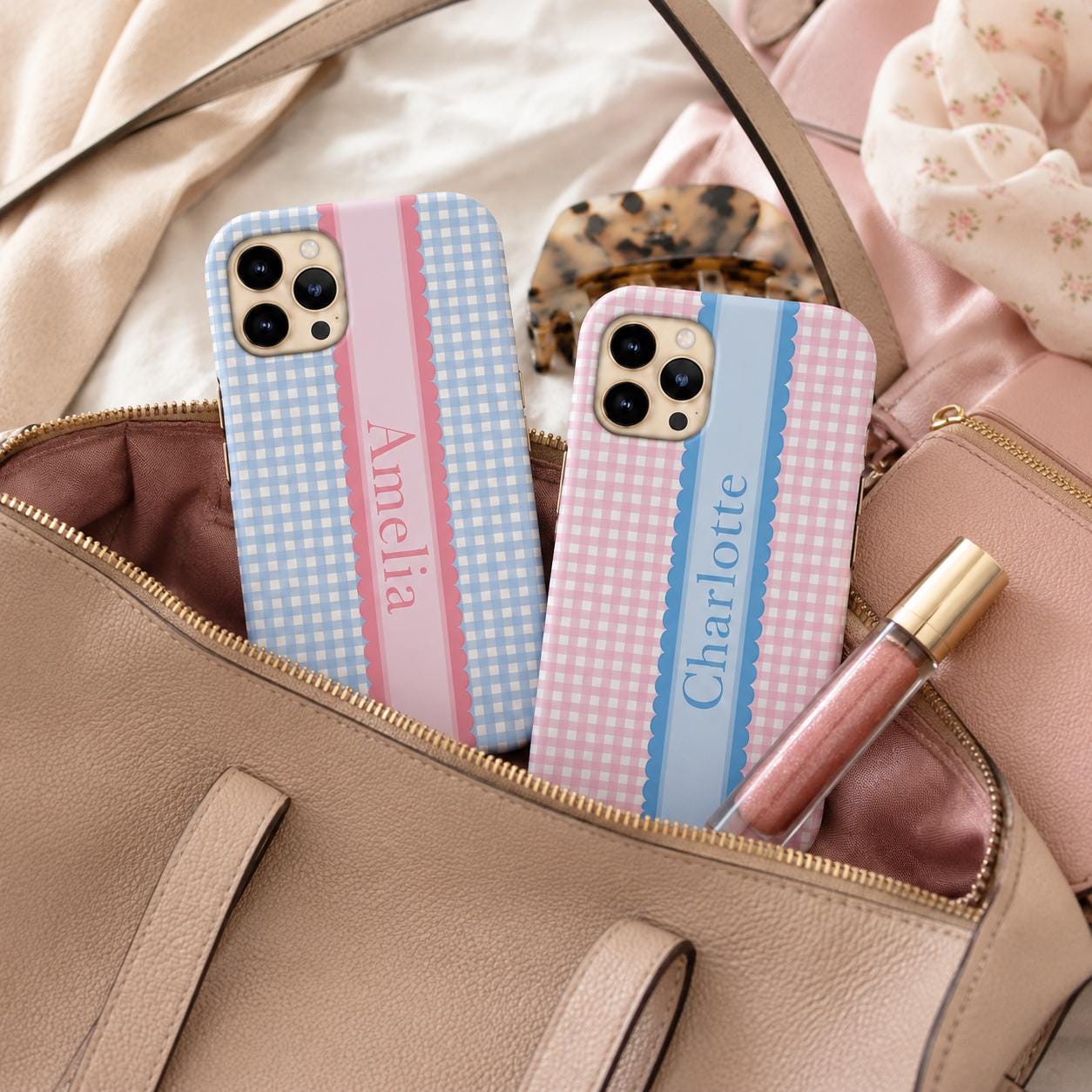 Custom Gingham Phone Case, Personalized Plaid iPhone Case, Preppy Scallop Stripe Monogram Name Case Gift