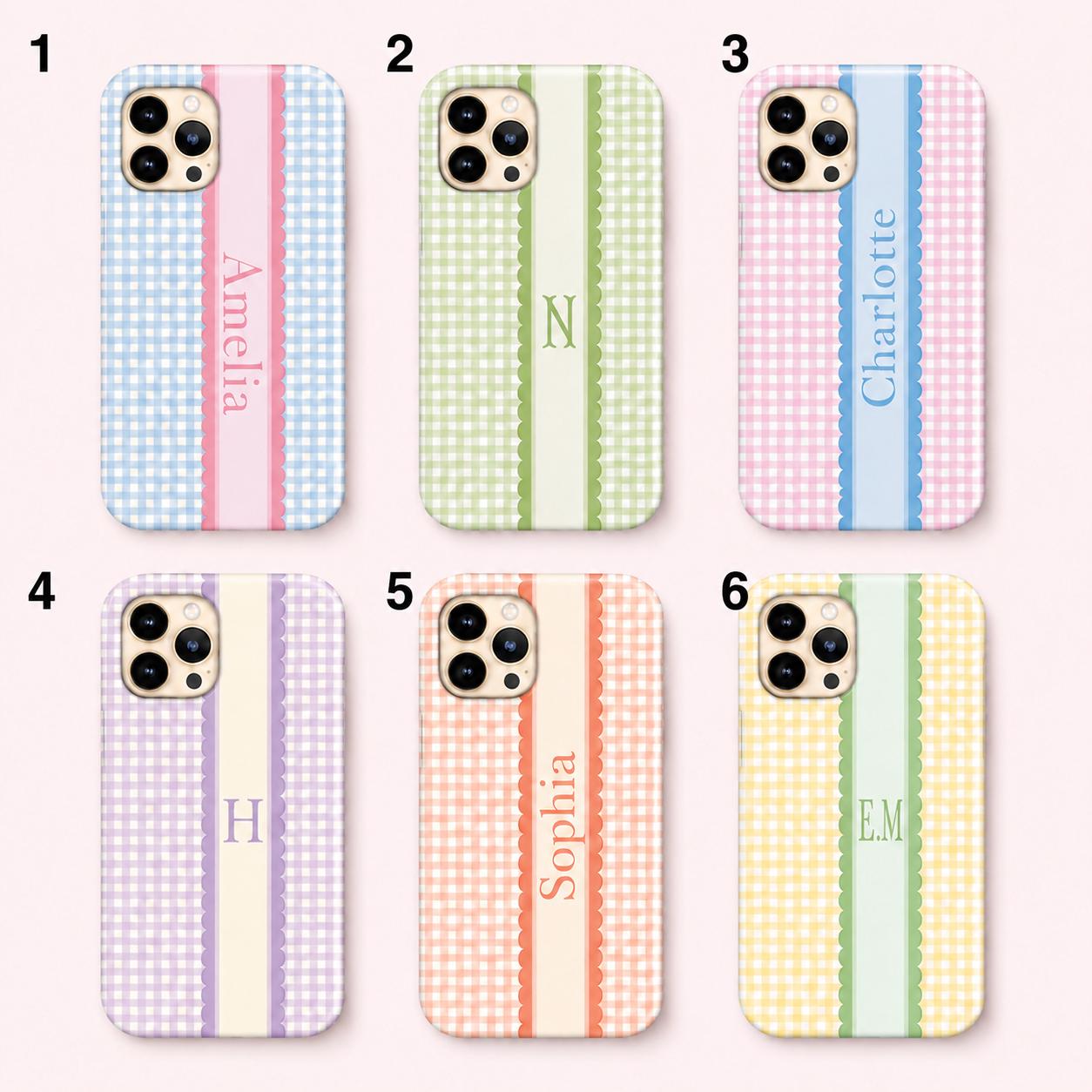 Custom Gingham Phone Case, Personalized Plaid iPhone Case, Preppy Scallop Stripe Monogram Name Case Gift