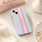 Custom Gingham Phone Case, Personalized Plaid iPhone Case, Preppy Scallop Stripe Monogram Name Case Gift
