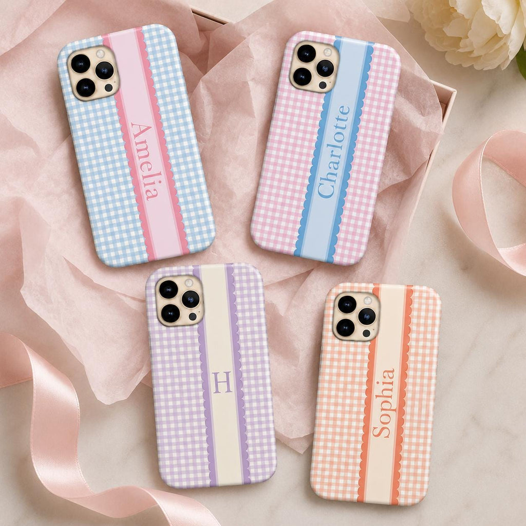 Custom Gingham Phone Case, Personalized Plaid iPhone Case, Preppy Scallop Stripe Monogram Name Case Gift