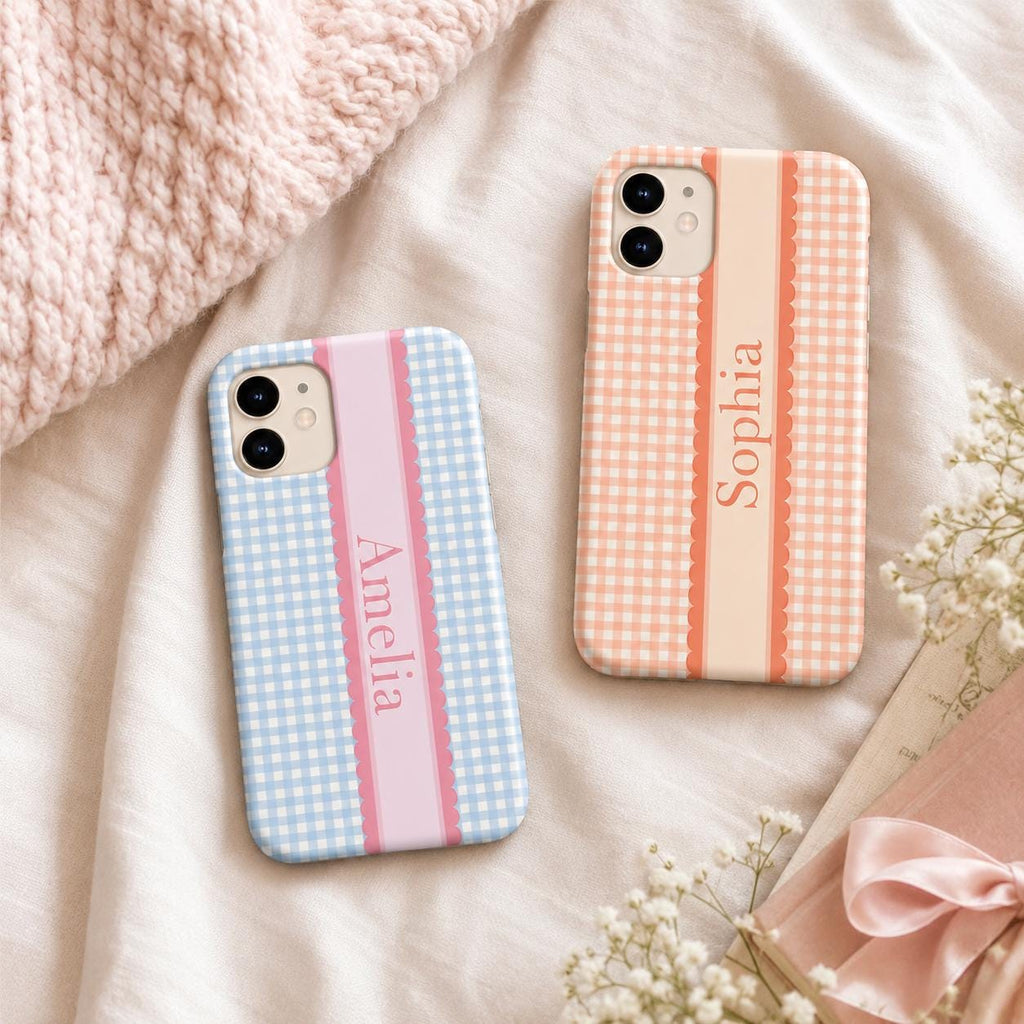 Custom Gingham Phone Case, Personalized Plaid iPhone Case, Preppy Scallop Stripe Monogram Name Case Gift