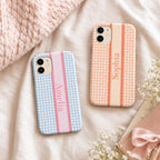 Custom Gingham Phone Case, Personalized Plaid iPhone Case, Preppy Scallop Stripe Monogram Name Case Gift