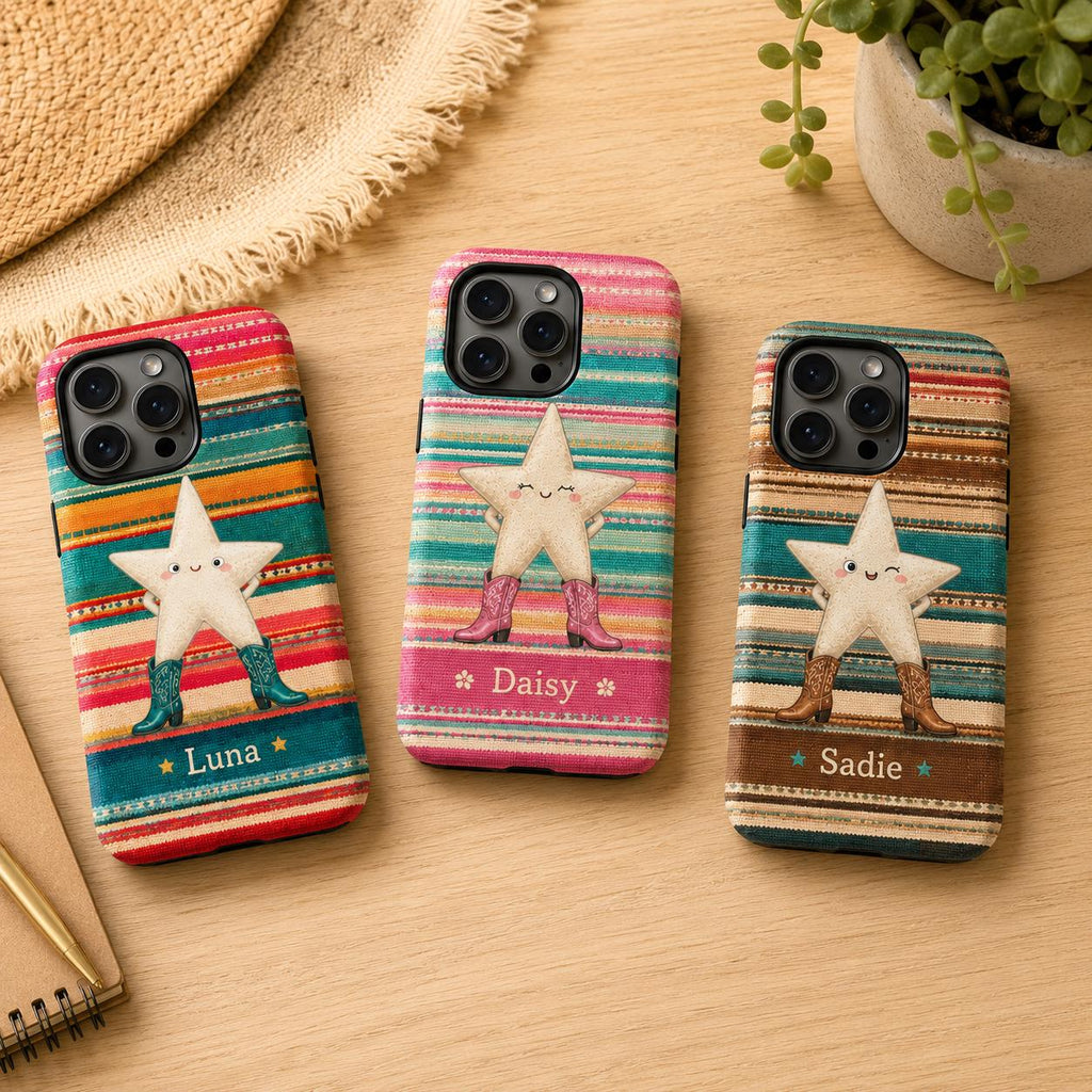 Custom Western Star Phone Case, Personalized Cowgirl iPhone Case, Cowboy Boots Southwest Name Case Gift