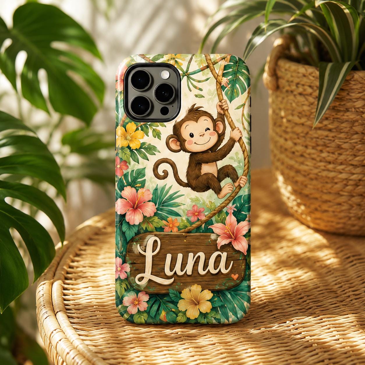 Custom Monkey Phone Case, Personalized Cute Animal iPhone Case, Jungle Safari Name Case Gift