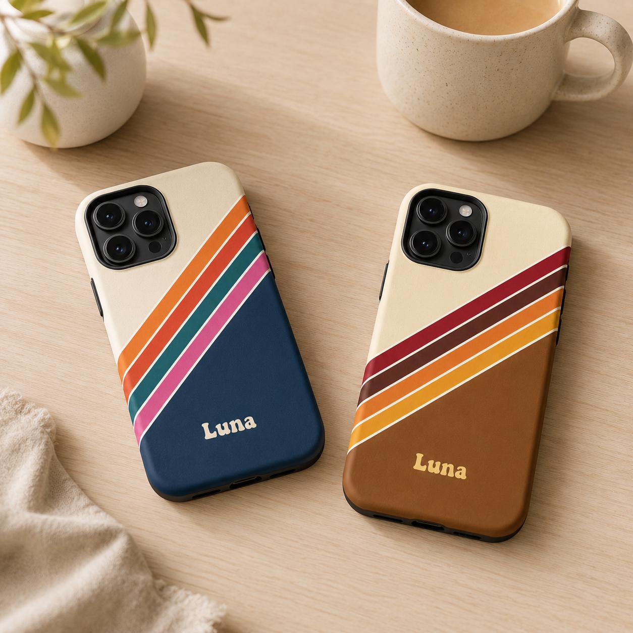 Custom Retro Stripe Phone Case, Personalized Vintage iPhone Case, Color Block Name Case Gift For Her