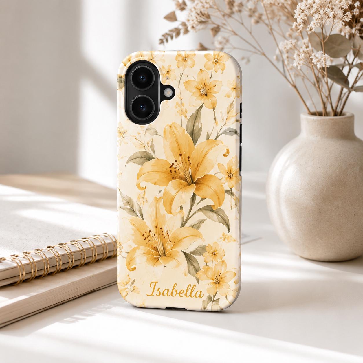 Custom Floral Phone Case, Personalized Lily iPhone Case, Watercolor Flower Name Case Gift For Her