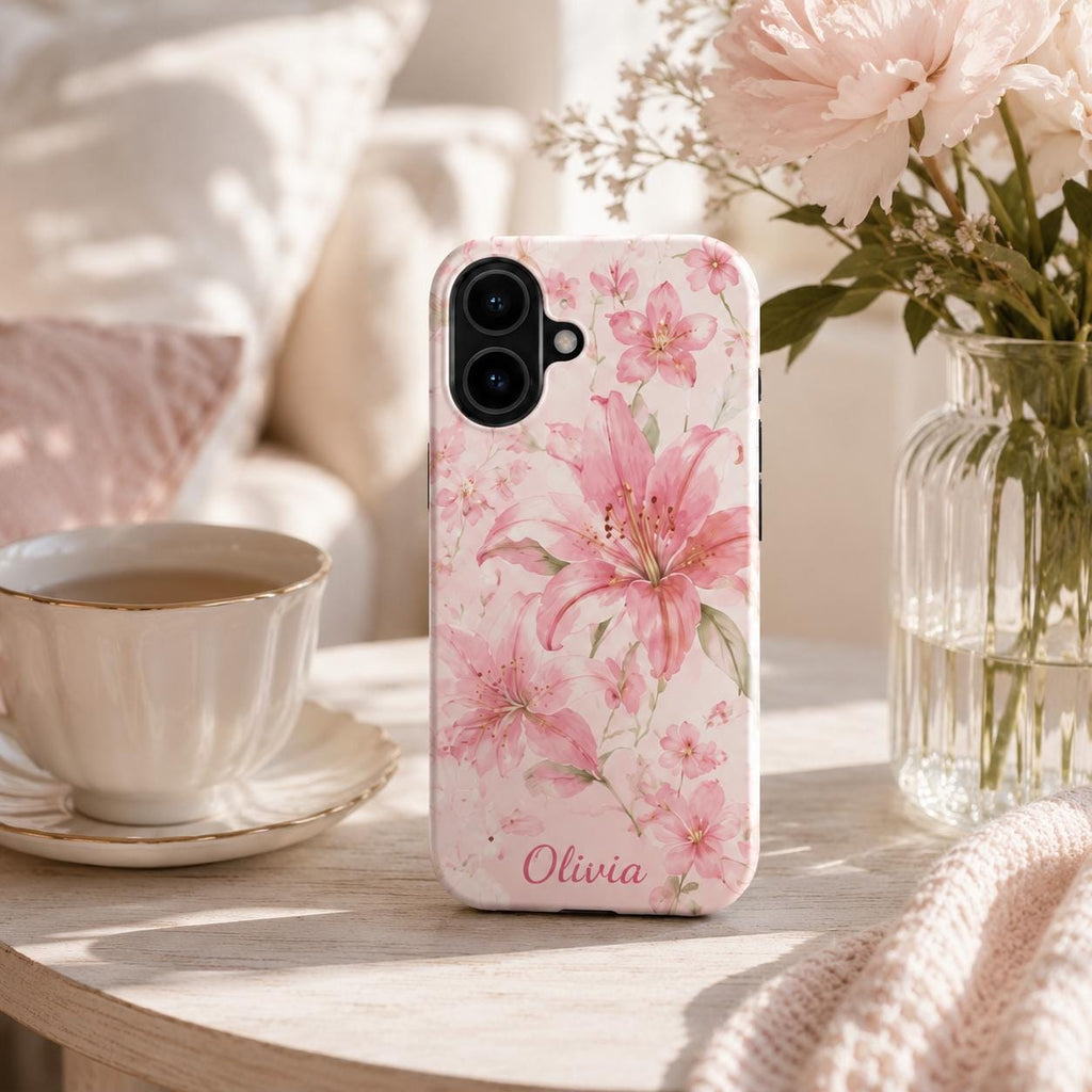 Custom Floral Phone Case, Personalized Lily iPhone Case, Watercolor Flower Name Case Gift For Her