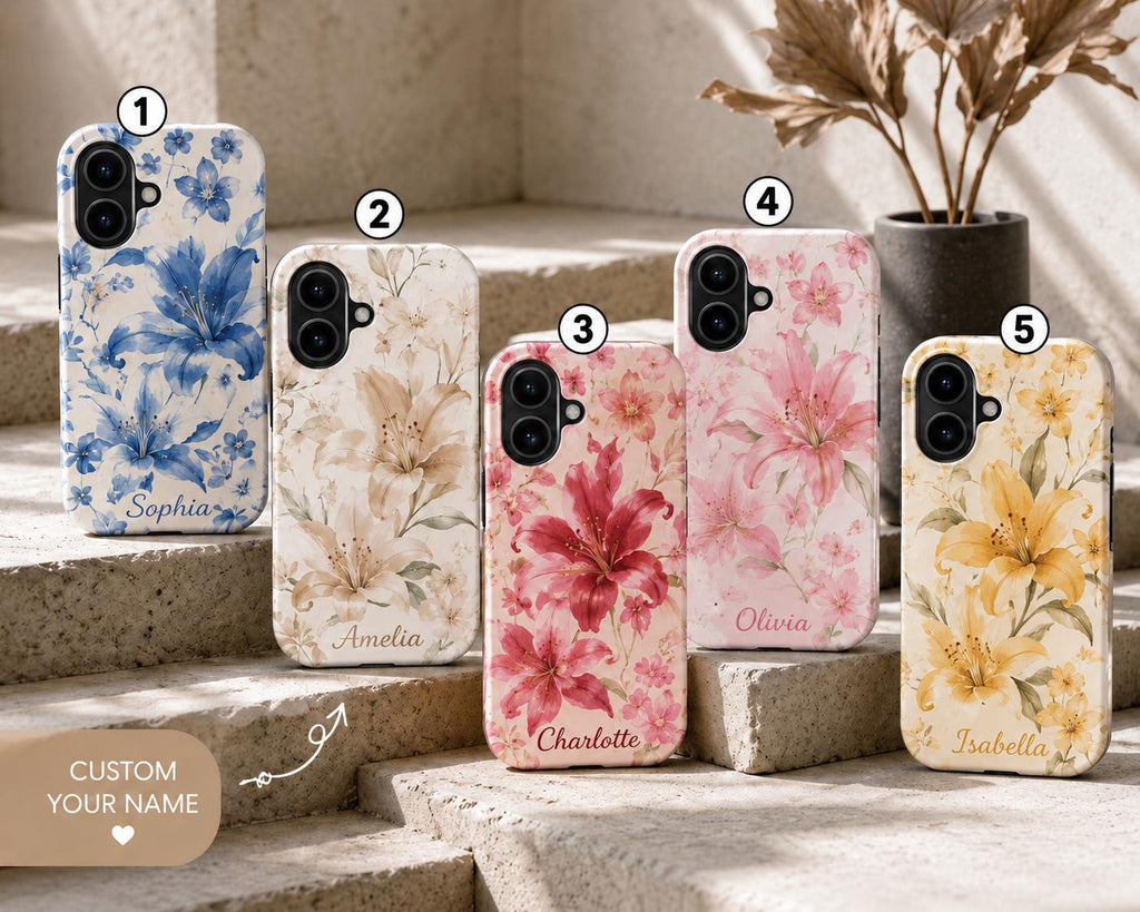 Custom Floral Phone Case, Personalized Lily iPhone Case, Watercolor Flower Name Case Gift For Her