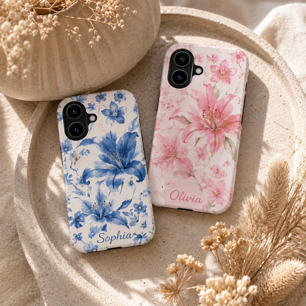 Custom Floral Phone Case, Personalized Lily iPhone Case, Watercolor Flower Name Case Gift For Her