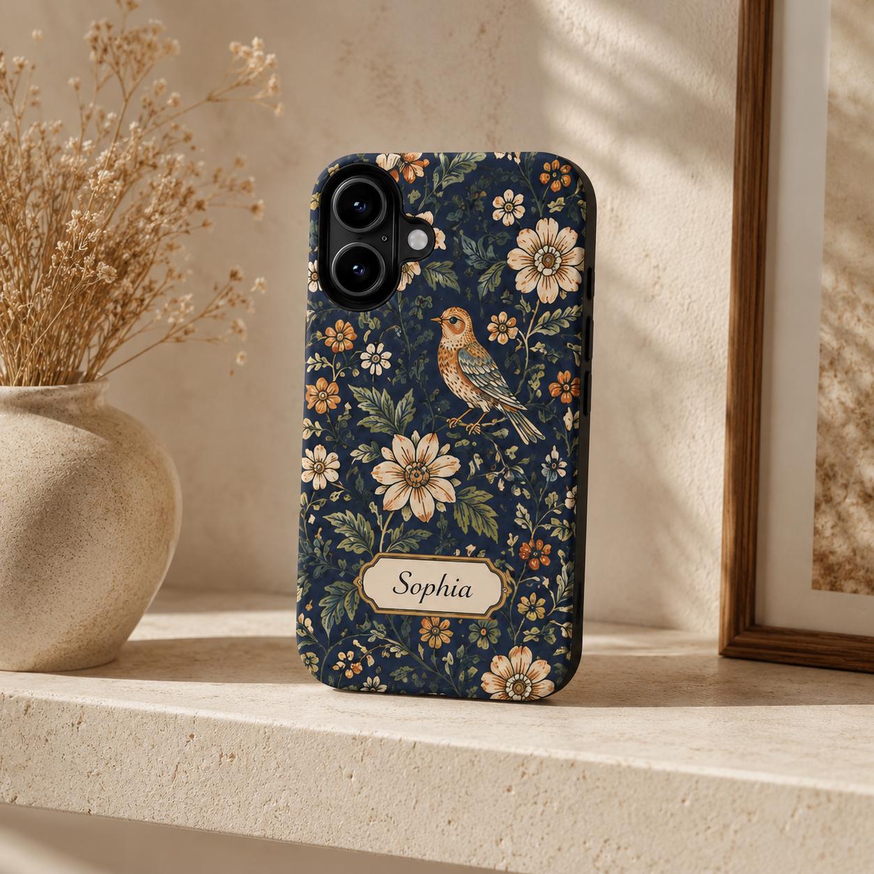 Custom Bird Floral Phone Case, Personalized Vintage Botanical iPhone Case, Cottagecore Name Case Gift