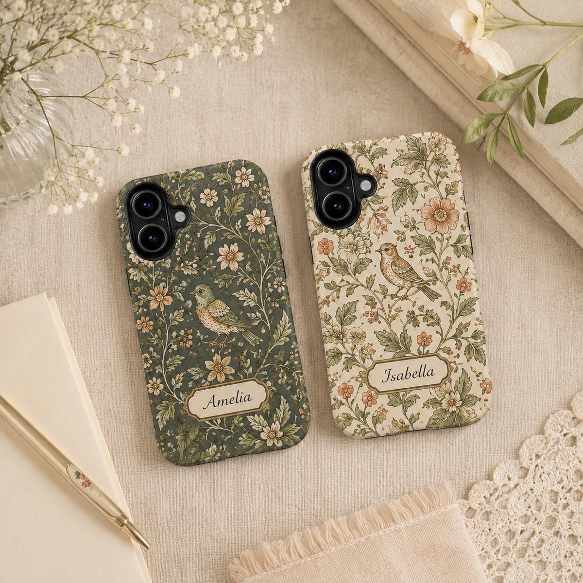 Custom Bird Floral Phone Case, Personalized Vintage Botanical iPhone Case, Cottagecore Name Case Gift