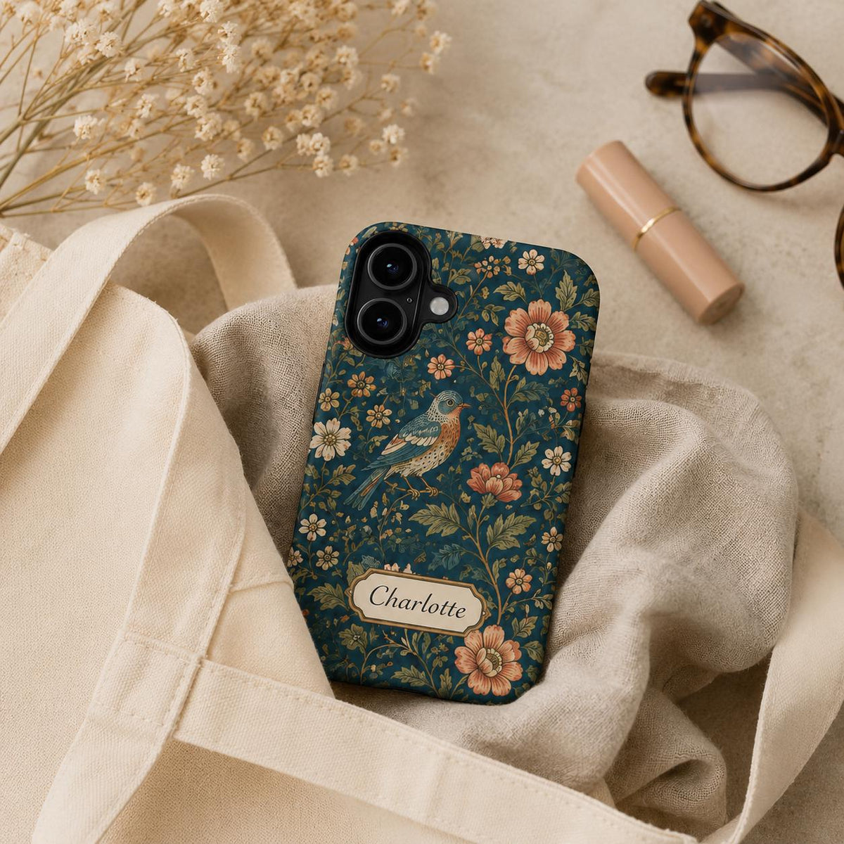 Custom Bird Floral Phone Case, Personalized Vintage Botanical iPhone Case, Cottagecore Name Case Gift