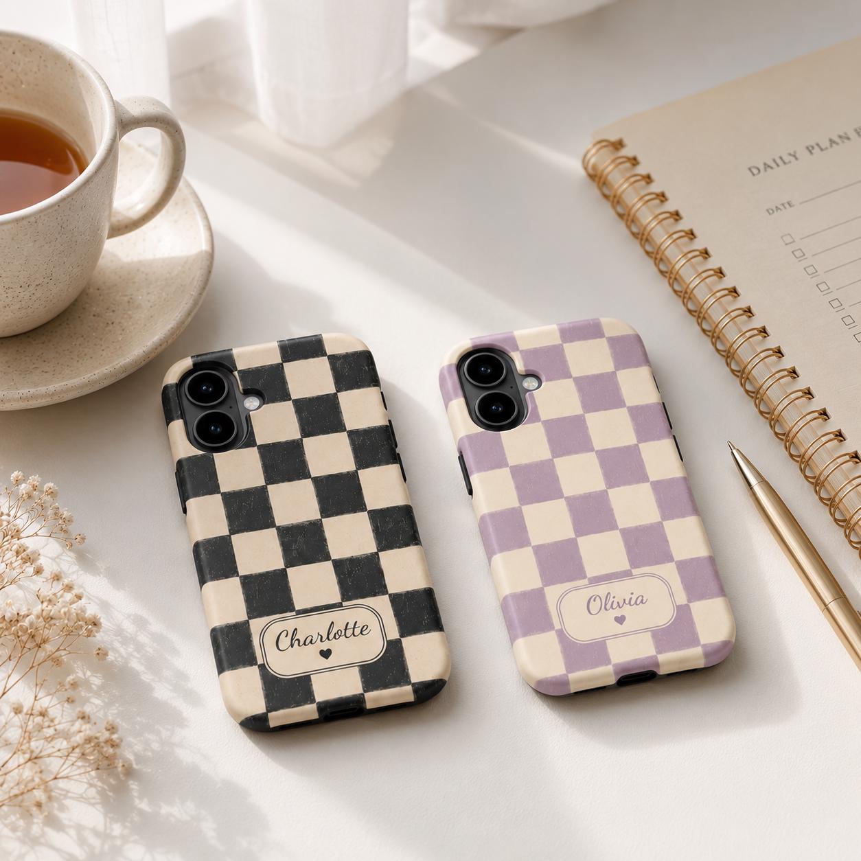 Custom Checkered Phone Case, Personalized Gingham iPhone Case, Plaid Name Case Gift For Her