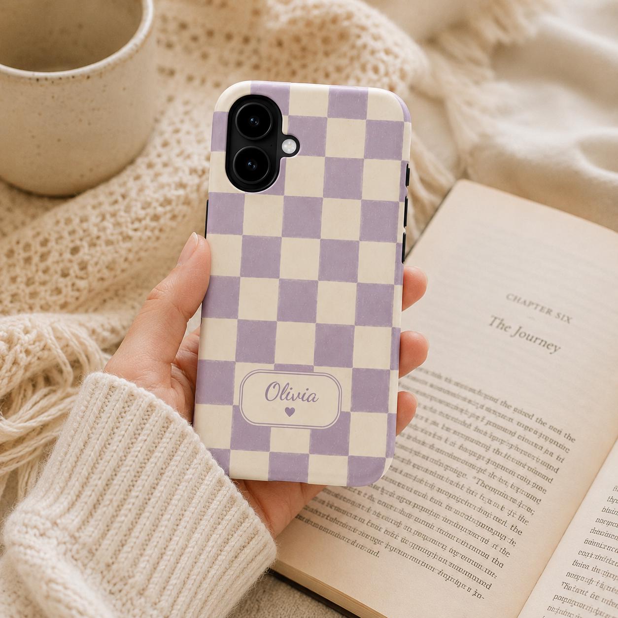 Custom Checkered Phone Case, Personalized Gingham iPhone Case, Plaid Name Case Gift For Her