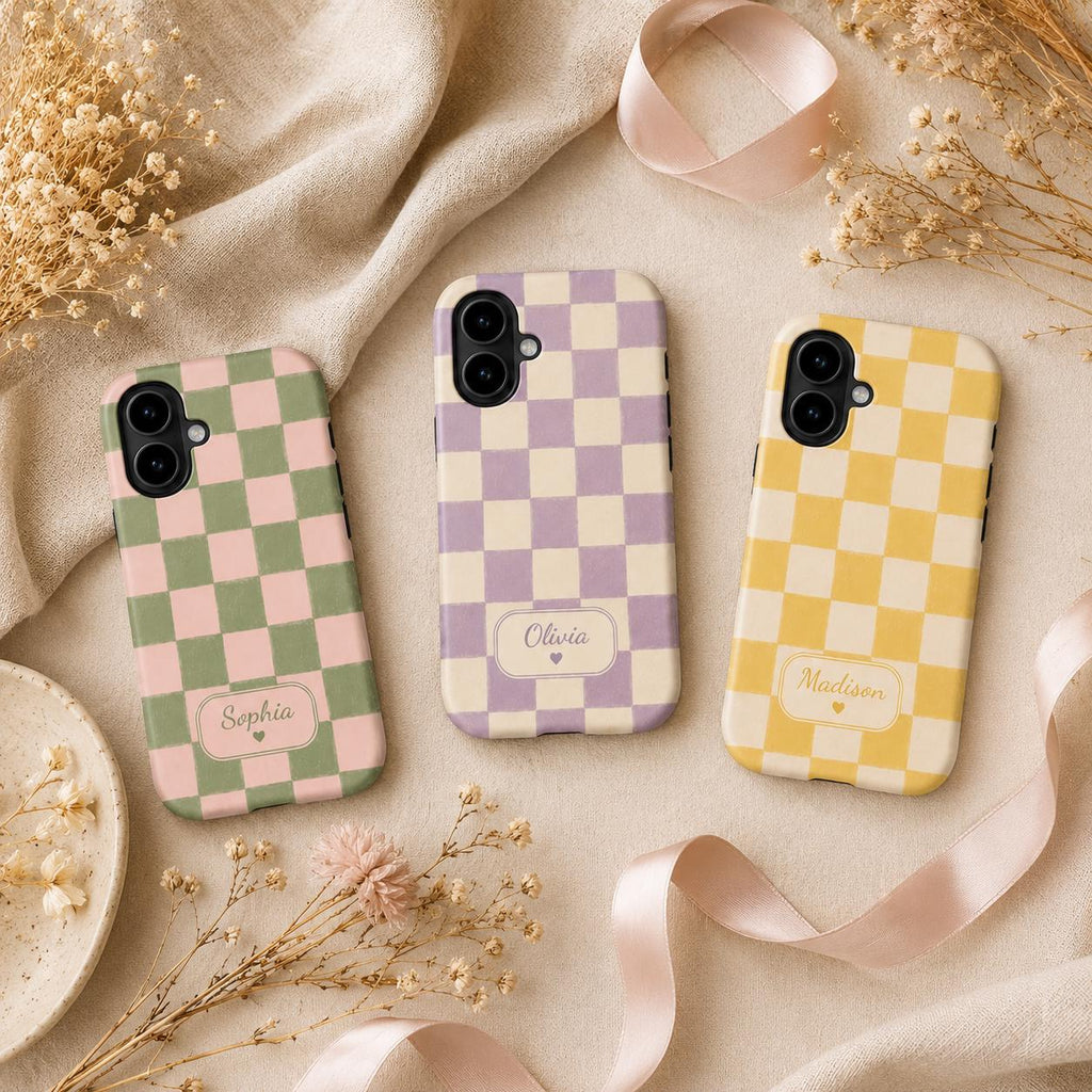 Custom Checkered Phone Case, Personalized Gingham iPhone Case, Plaid Name Case Gift For Her