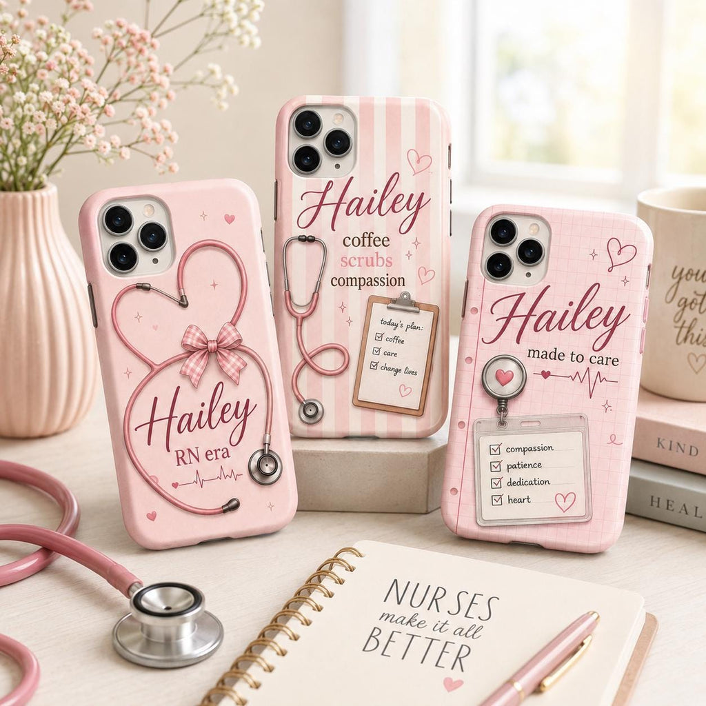 Personalized Nurse Phone Case, Custom Name RN Case, Pink Coquette Nursing Student Gift