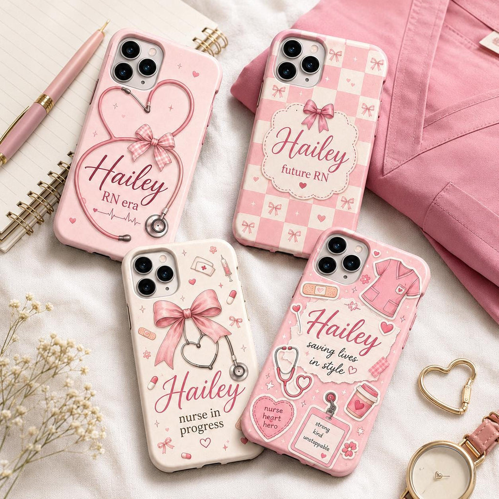 Personalized Nurse Phone Case, Custom Name RN Case, Pink Coquette Nursing Student Gift