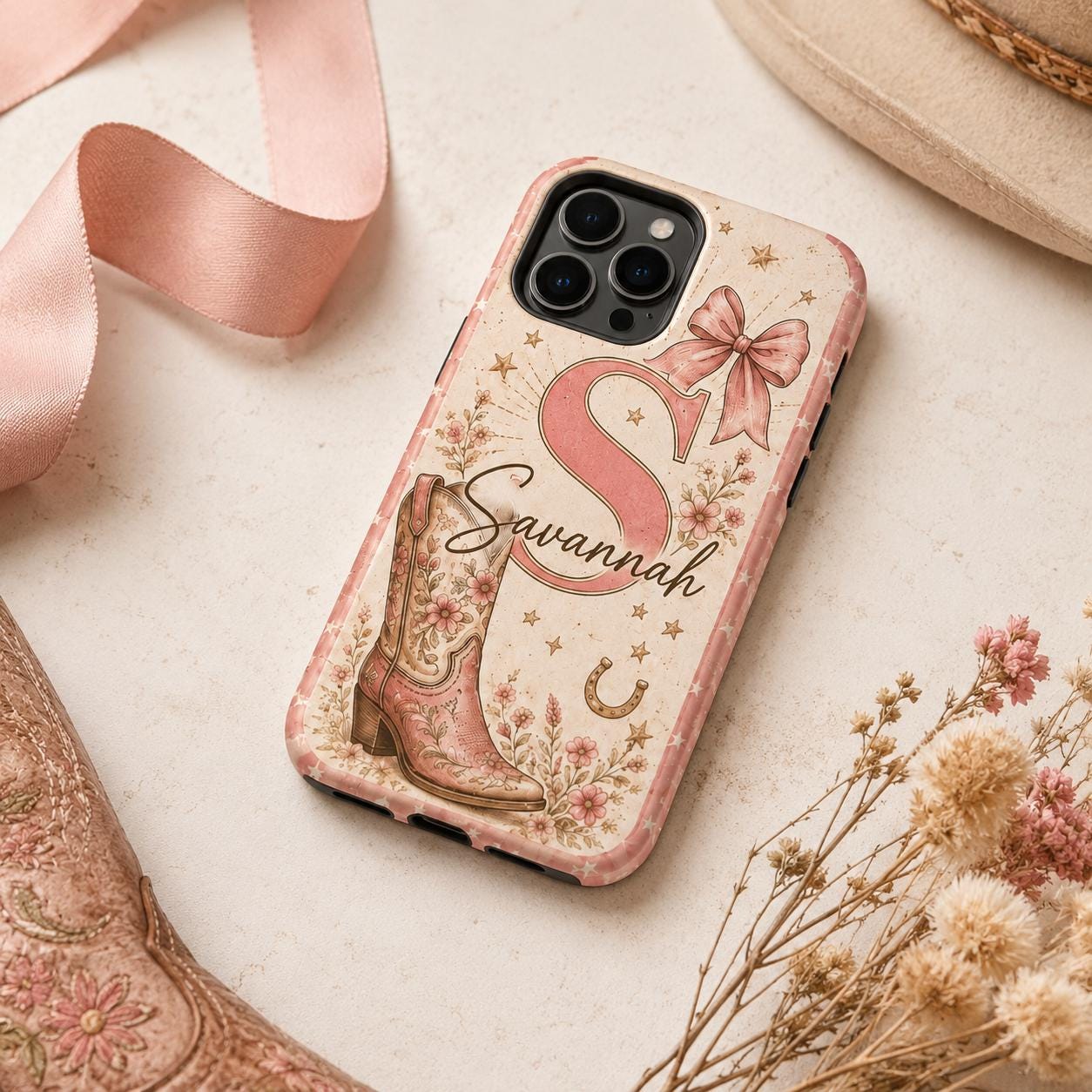 Personalized Cowgirl Phone Case, Custom Name Western Floral Case, Pink Cowboy Boot Gift