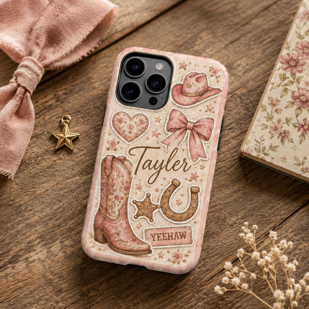 Personalized Cowgirl Phone Case, Custom Name Western Floral Case, Pink Cowboy Boot Gift