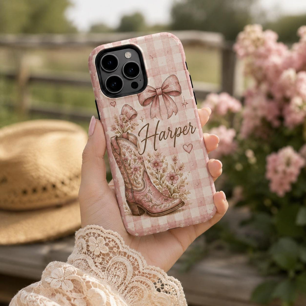 Personalized Cowgirl Phone Case, Custom Name Western Floral Case, Pink Cowboy Boot Gift