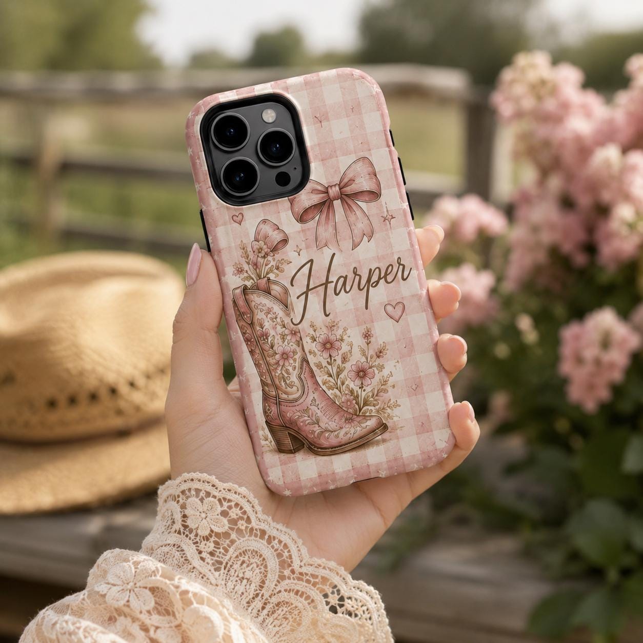Personalized Cowgirl Phone Case, Custom Name Western Floral Case, Pink Cowboy Boot Gift