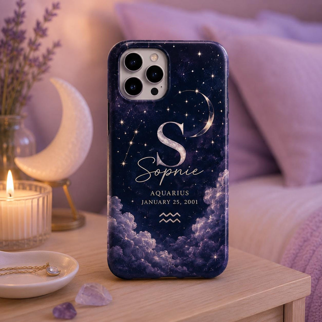 Personalized Zodiac Phone Case, Custom Name Initial Astrology Case, Moon Star Birthday Gift