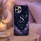 Personalized Zodiac Phone Case, Custom Name Initial Astrology Case, Moon Star Birthday Gift